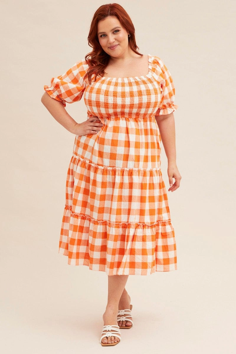 Check Short Sleeve Check Shirred Midi Dress Layered Design Classic Tailoring
