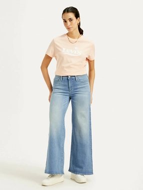 Distressed Detailing Women's 318 Blue Flared Fit Mid Rise Jeans