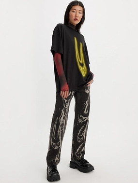 Textured Smart Casual Road Trip Women's 501 Black Straight Fit Mid Rise Jeans