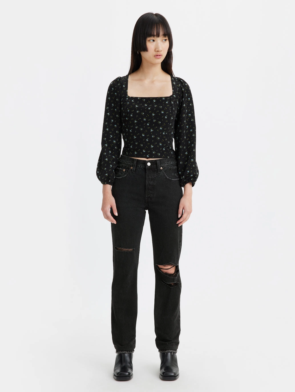 Tear Resistant Denim Women's 501 Black Straight Fit Mid Rise Jeans