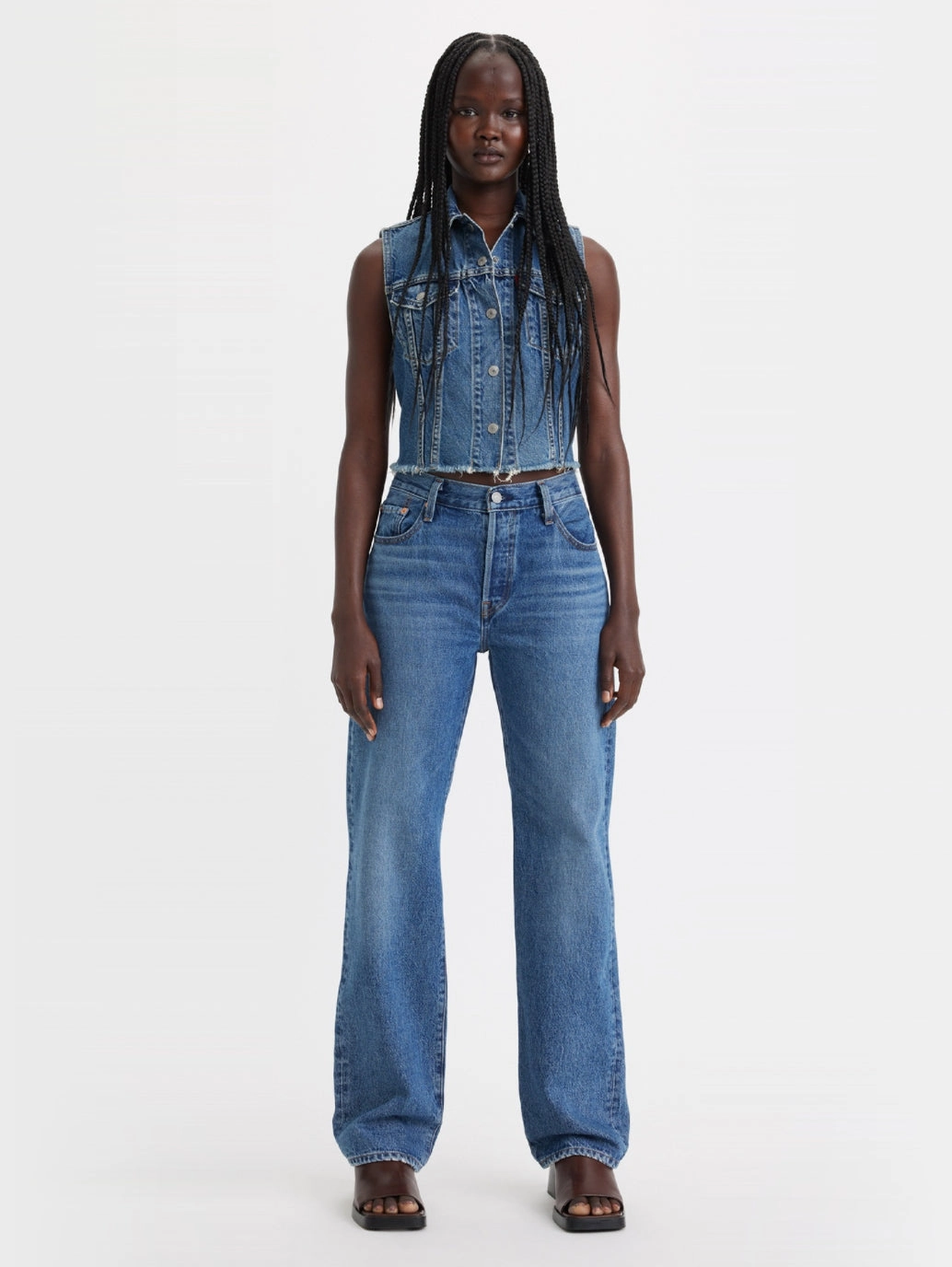 Women's 501 Blue Straight Fit High Rise Jeans Cozy Vibe elastic waistband