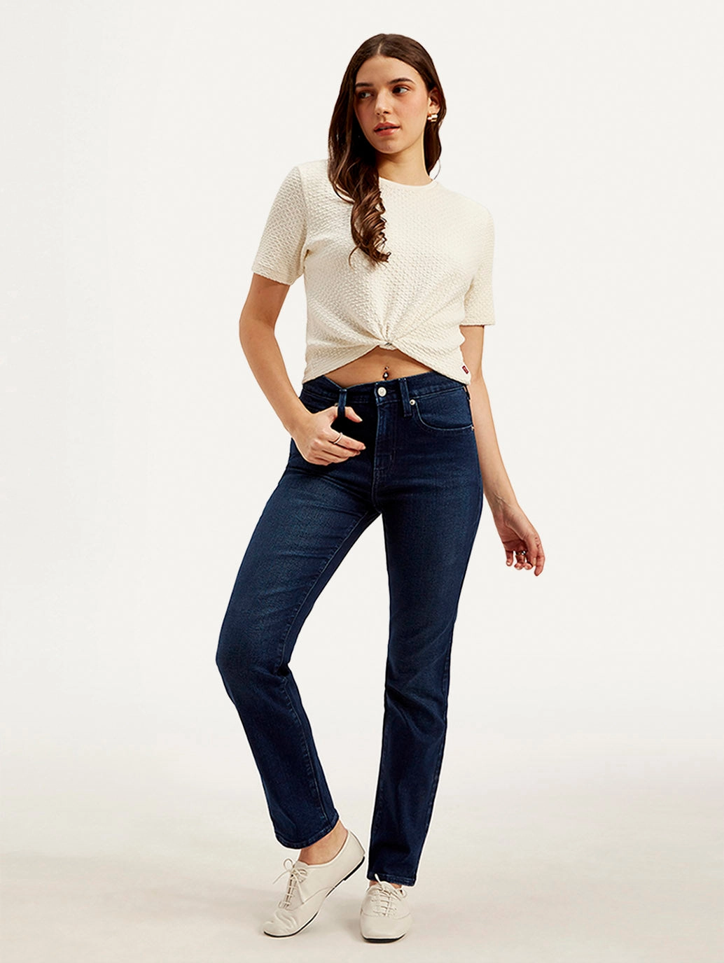 Women's 724 Dark Blue Straight Fit High Rise Jeans Affordable Beach Day Weighted Hemline