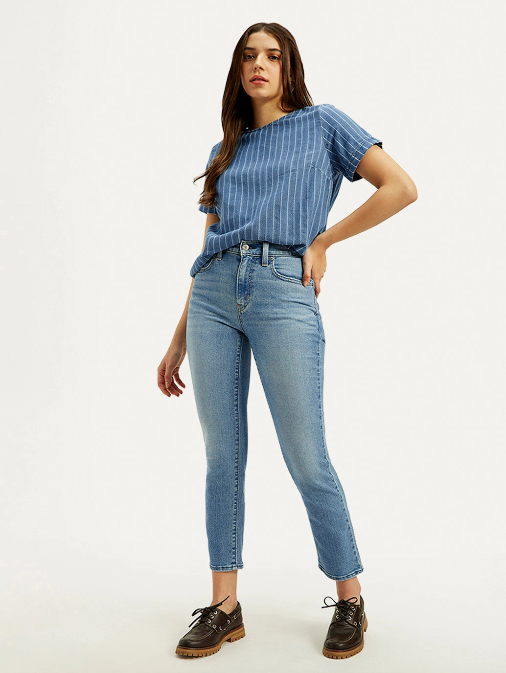 Reinforced Stitching Details Women's 724 Light Blue Straight Fit High Rise Jeans