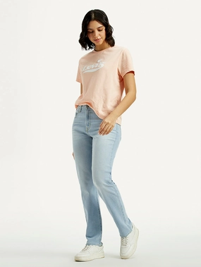 Women's 724 Light Indigo Straight Fit High Rise Jeans Textured Party Look Soft Minimalist Pocket Layout