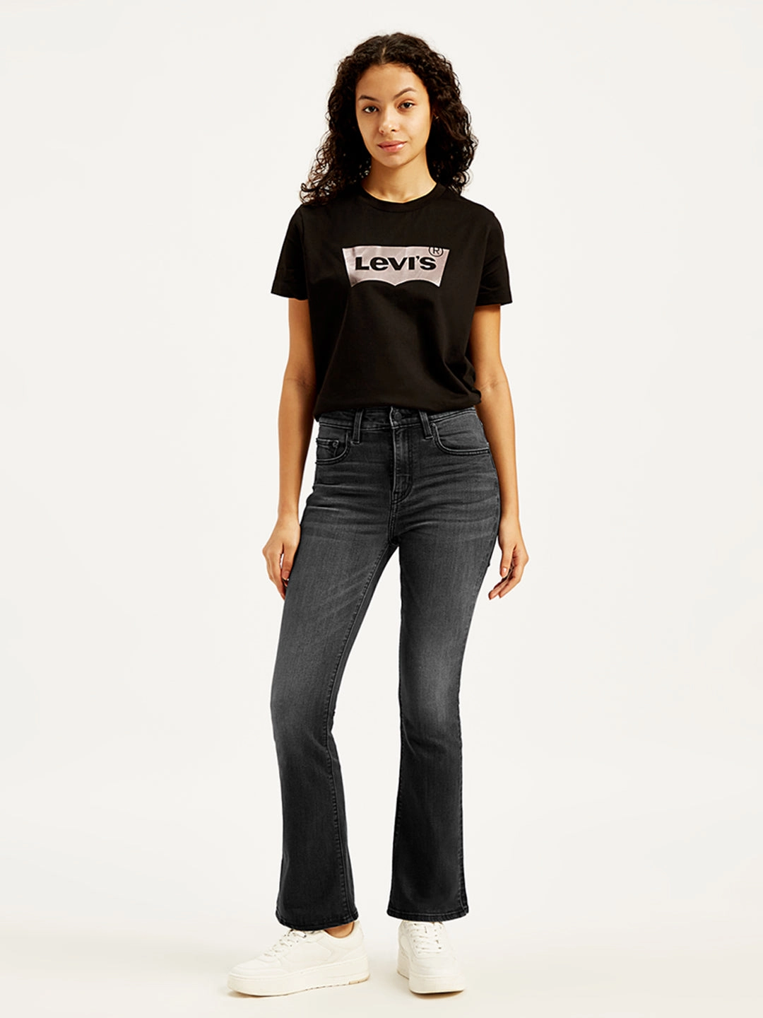 Women's 725 Black Flared Fit High Rise Jeans Layered Knee Panels