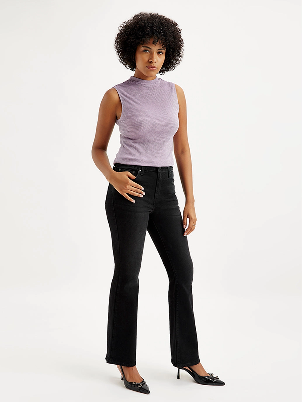 Women's 726 Black Flared Fit Mid Rise Jeans Cool Day Look Minimalist Design