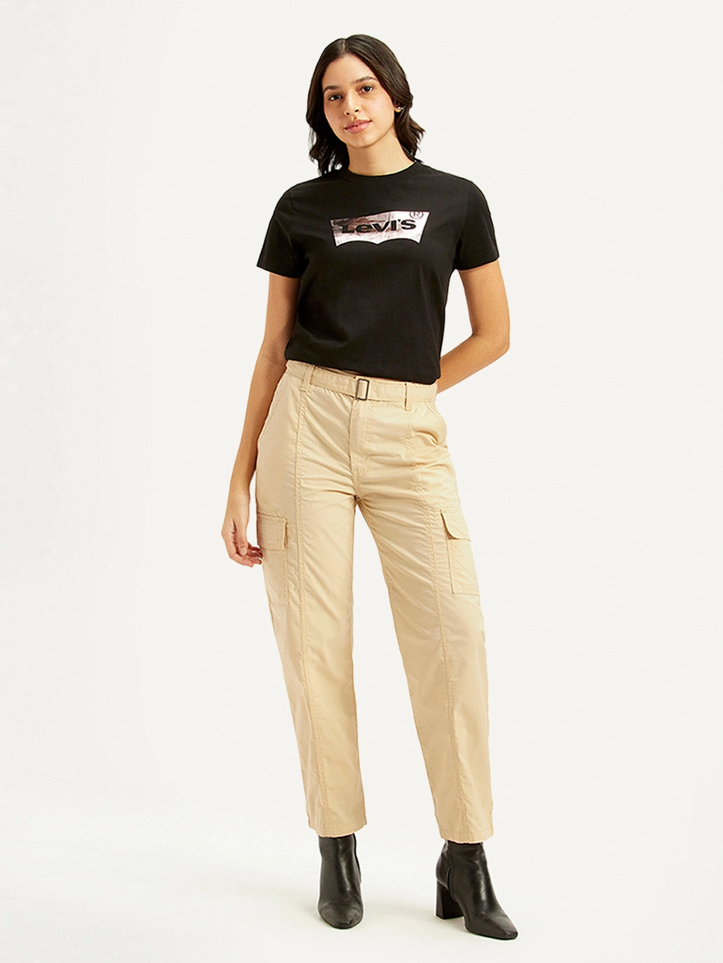 Women's Beige Cargo Trousers Gripper Waistband