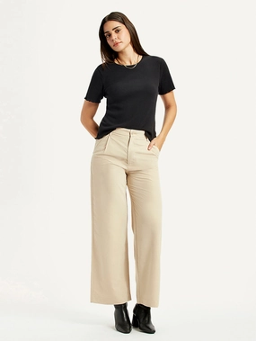 Women's Beige Wide Leg Fit High Rise Trousers Non Binding Waist Comfortable Layers
