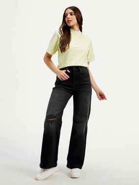 Women's Black Ribcage Bell Bottom Wide Leg Fit High Rise Jeans Trendy Choice Street Vibe