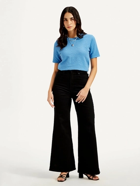 Women's Black Ribcage Bell Bottom Wide Leg Fit High Rise Jeans Clean Piece Nature Lover Party Look