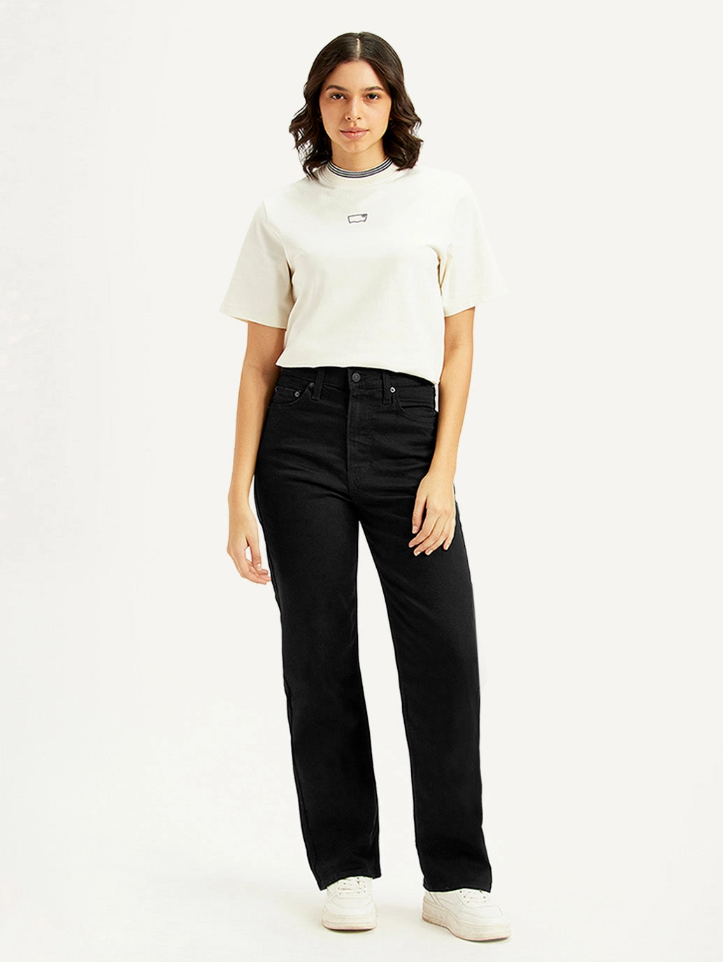 Women's Black Ribcage Straight Fit High Rise Jeans Base Outfit