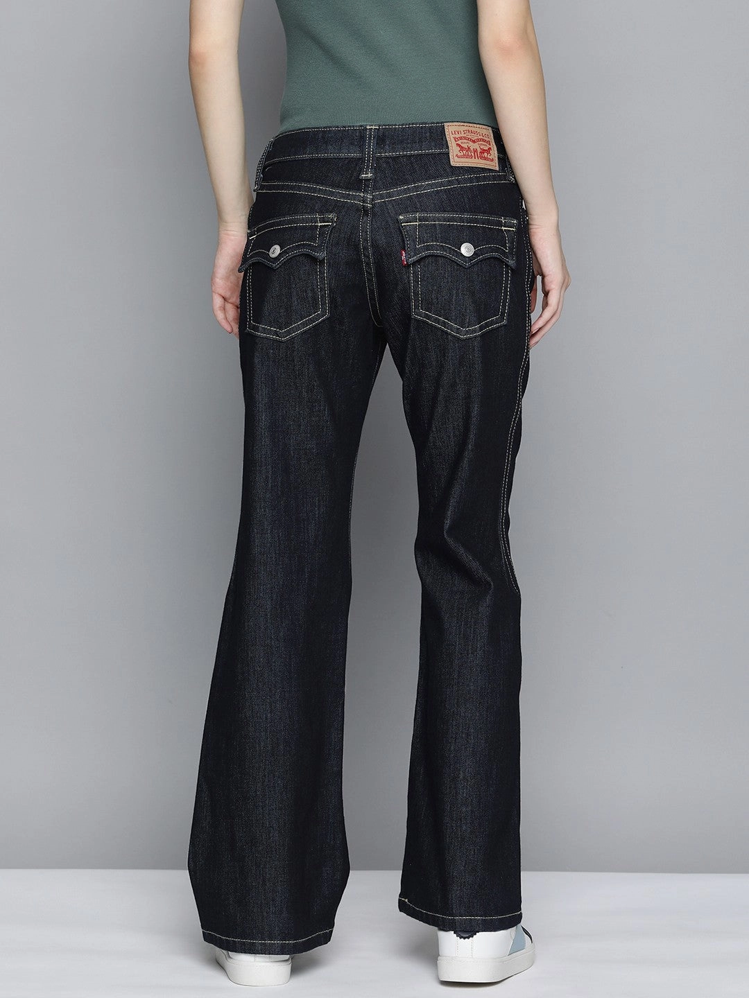 Eco Friendly Night Out Bartack Stitching Women's Blue Bootcut Fit Low Rise Jeans