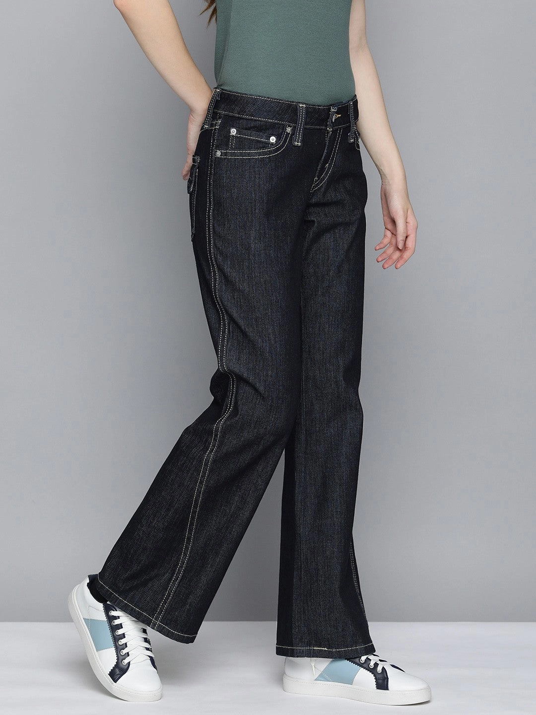 Women's Blue Bootcut Fit Low Rise Jeans Sunny Vibes Office Wear High Rise