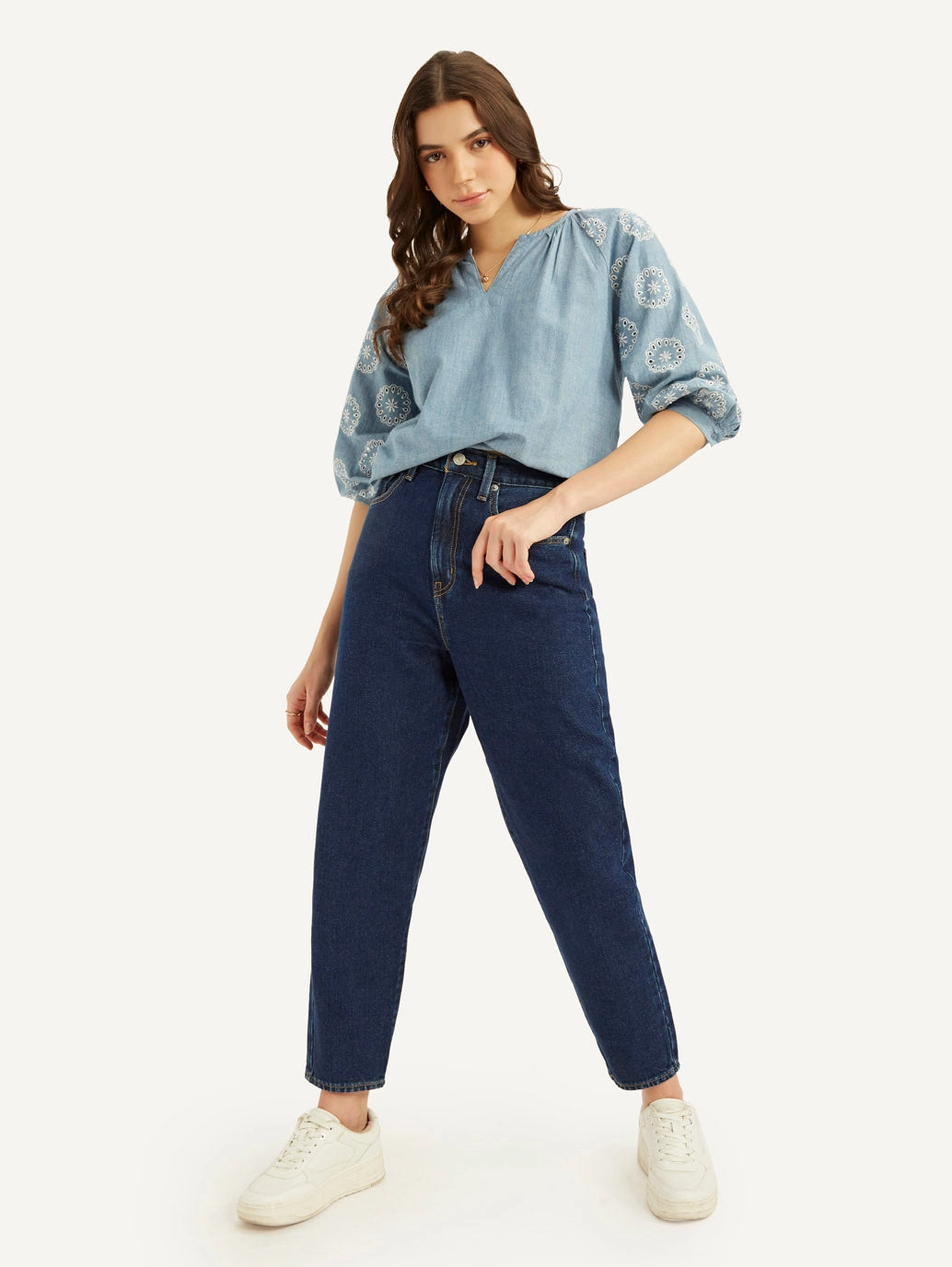 Women's Blue Loose Tapered Fit High Rise Jeans Sophisticated Look Minimalist Eco Friendly