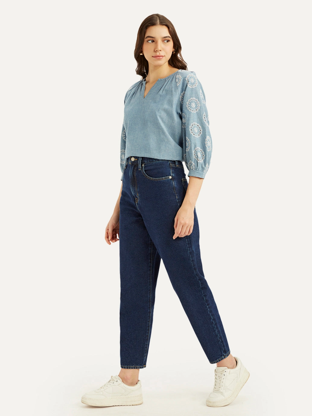 Women's Blue Loose Tapered Fit High Rise Jeans Subtle design No Iron Wear