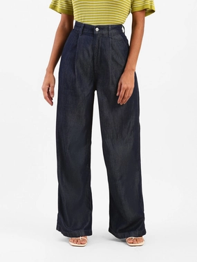 Women's Blue Pleated Loose Straight Fit High Rise Jeans Premium Party Look