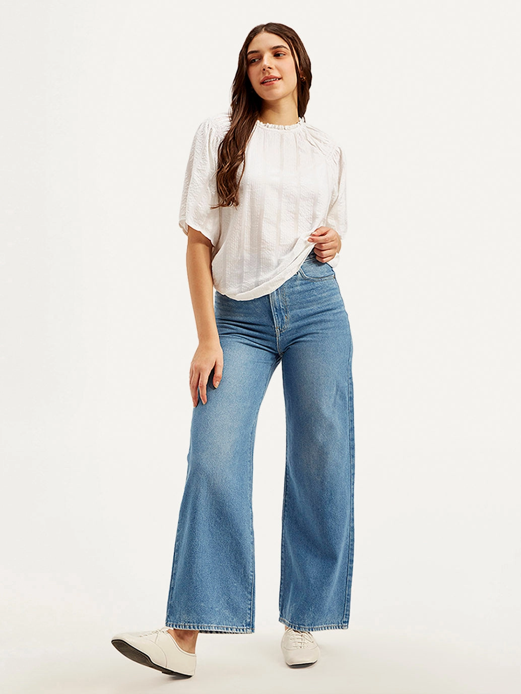 Smart Casual Neutral Suitable Fit Women's Blue Ribcage Bell Bottom Wide Leg Fit High Rise Jeans