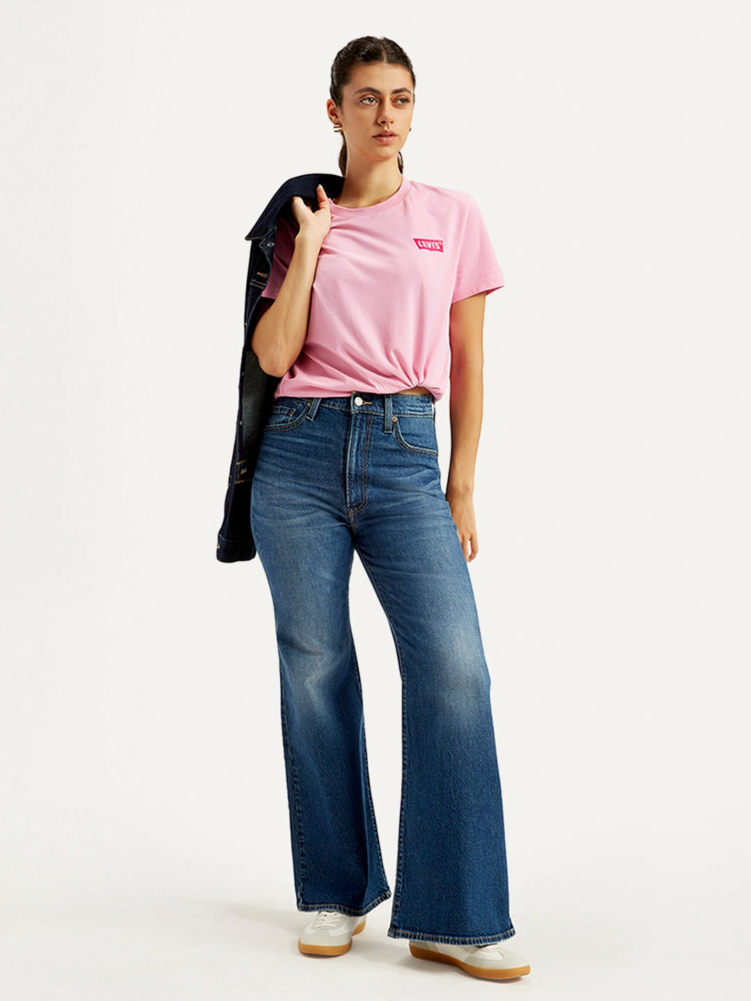 Women's Blue Ribcage Bell Bottom Wide Leg Fit High Rise Jeans Modern Design Neutral Piece