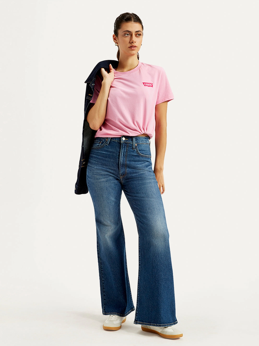 Women's Blue Ribcage Bell Bottom Wide Leg Fit High Rise Jeans Sunny Vibes Weekend Style Traveler Gear Couple Look Office Wear