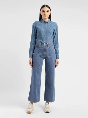 Women's Blue Ribcage Bell Bottom Wide Leg Fit High Rise Jeans Night Out City Walk Minimalist