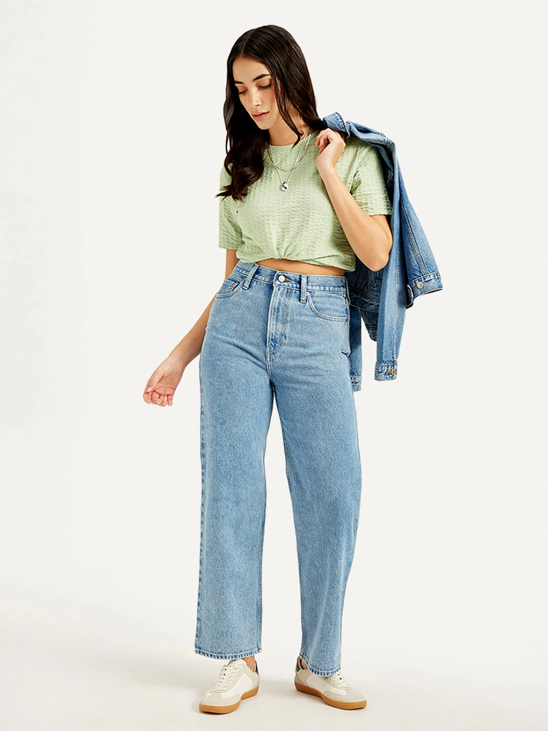 Women's Blue Ribcage Straight Fit High Rise Jeans Relaxed Style Smart Casual Minimalist Style