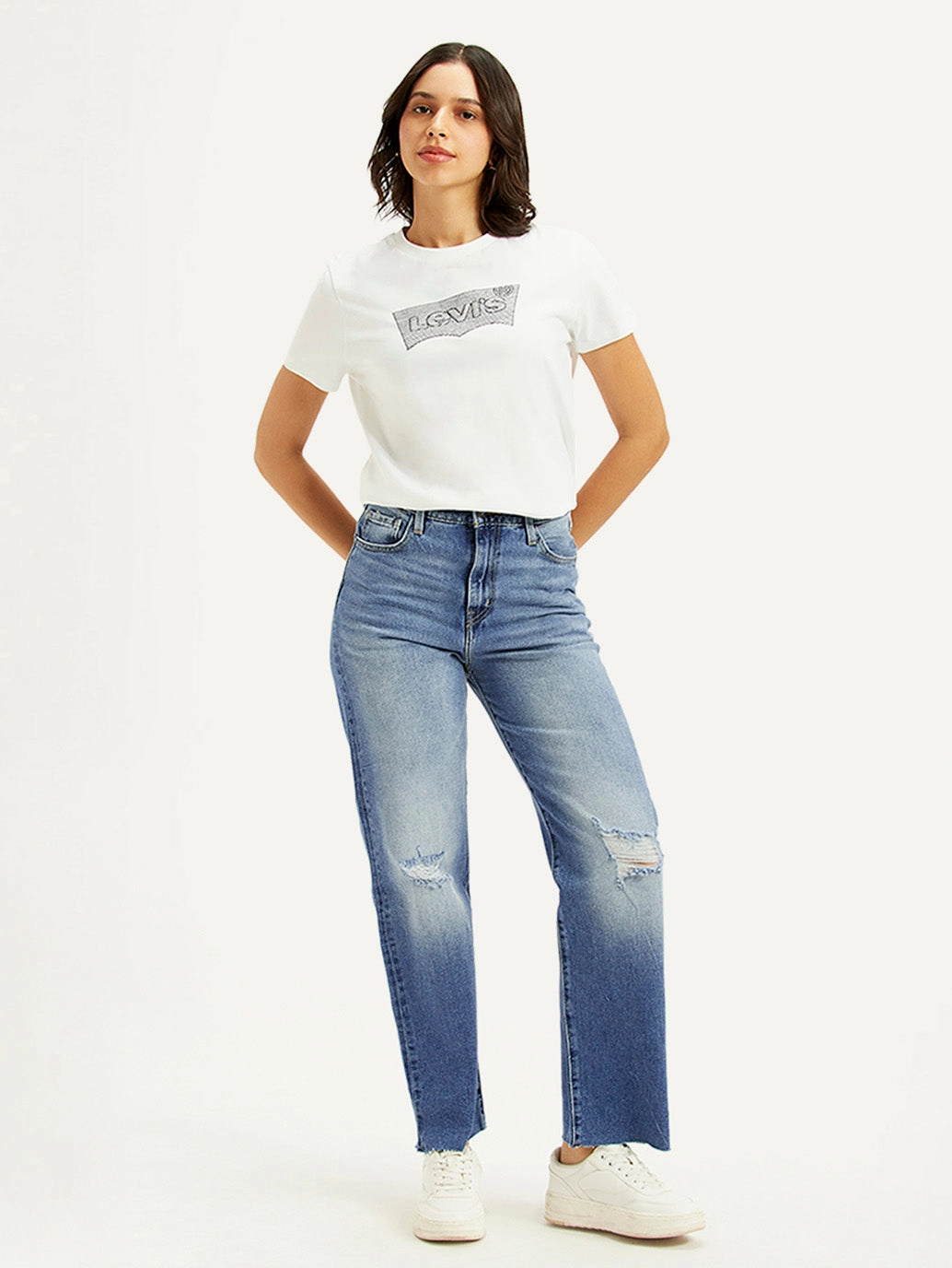 Women's Blue Ribcage Straight Fit High Rise Jeans Gym Ready Evening Stroll