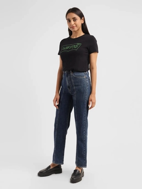 Women's Blue Ribcage Straight Fit High Rise Jeans Organic Cotton Raw Hem Design