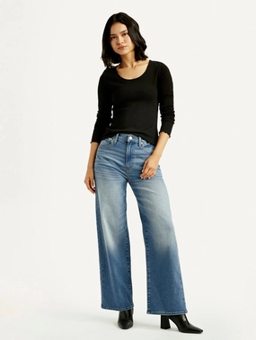 Women's Blue Wide Leg Fit High Rise Jeans Breathable fabric technology