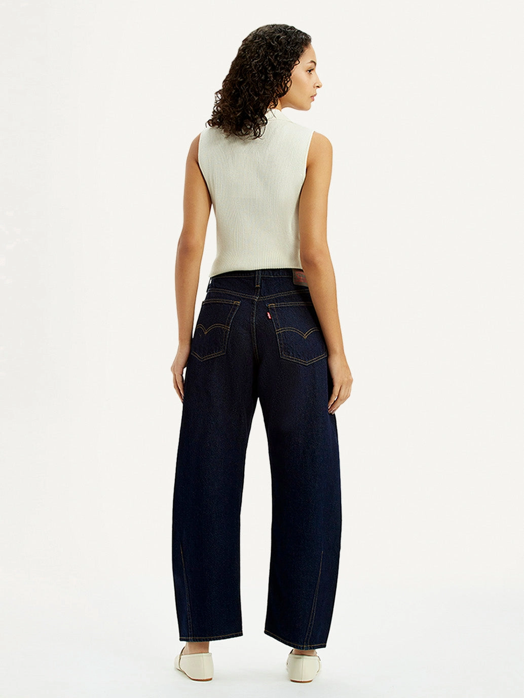 Women's Dark Blue Barrel Loose Fit Mid Rise Jeans Elegant Bold Look Sanded Seam Comfort