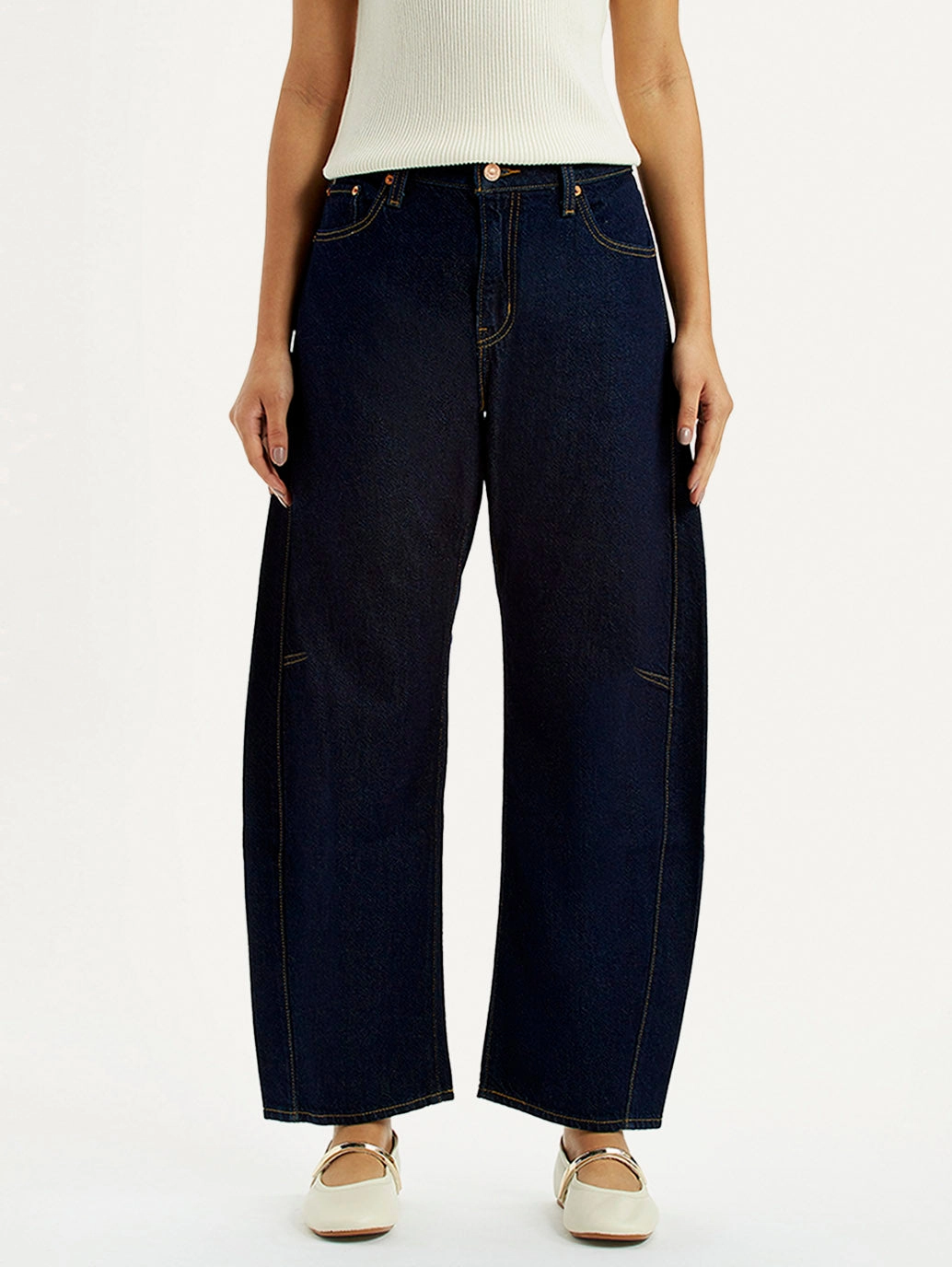 Vibrant Bold Look Street Fashion Total Comfort Women's Dark Blue Barrel Loose Fit Mid Rise Jeans