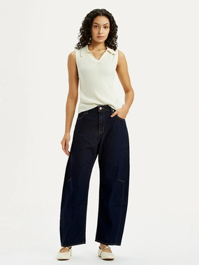 Street Fashion Parent Style Women's Dark Blue Barrel Loose Fit Mid Rise Jeans