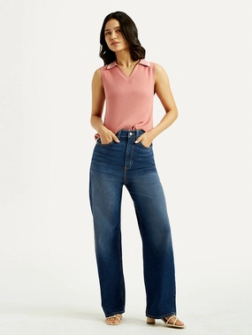 Fitted Design Softened Denim Material Women's Dark Blue Wide Leg Fit High Rise Jeans