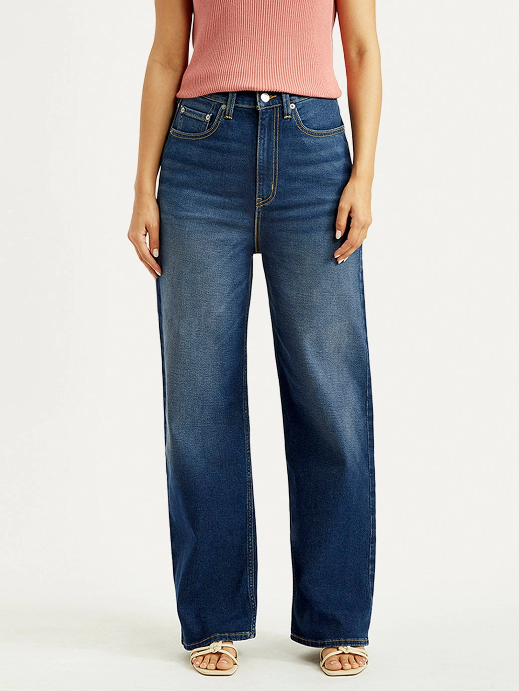 Trendy Choice Versatile Outfit Women's Dark Blue Wide Leg Fit High Rise Jeans