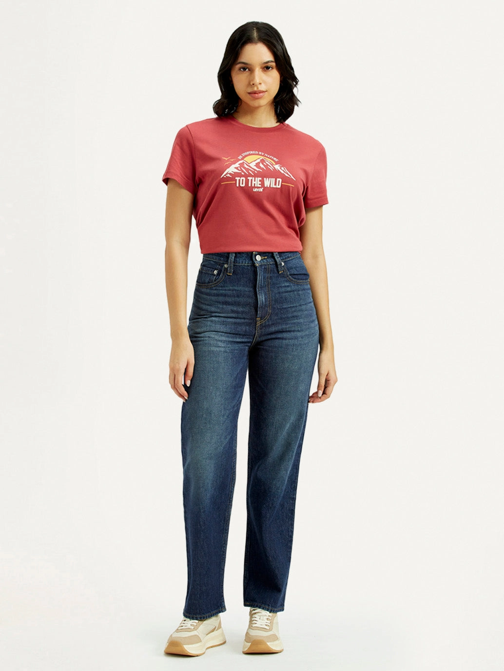 Women's Dark Indigo Ribcage Straight Fit High Rise Jeans Shopping Day Vibrant Office Wear