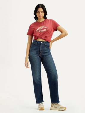 Women's Dark Indigo Ribcage Straight Fit High Rise Jeans Sleek Waist Easy Fit