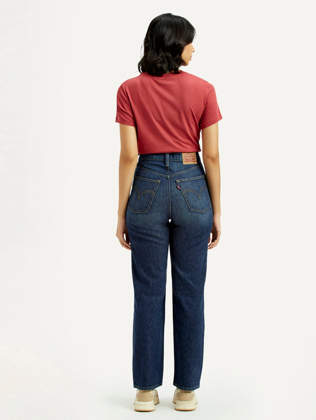 Women's Dark Indigo Ribcage Straight Fit High Rise Jeans Fashionable Touch