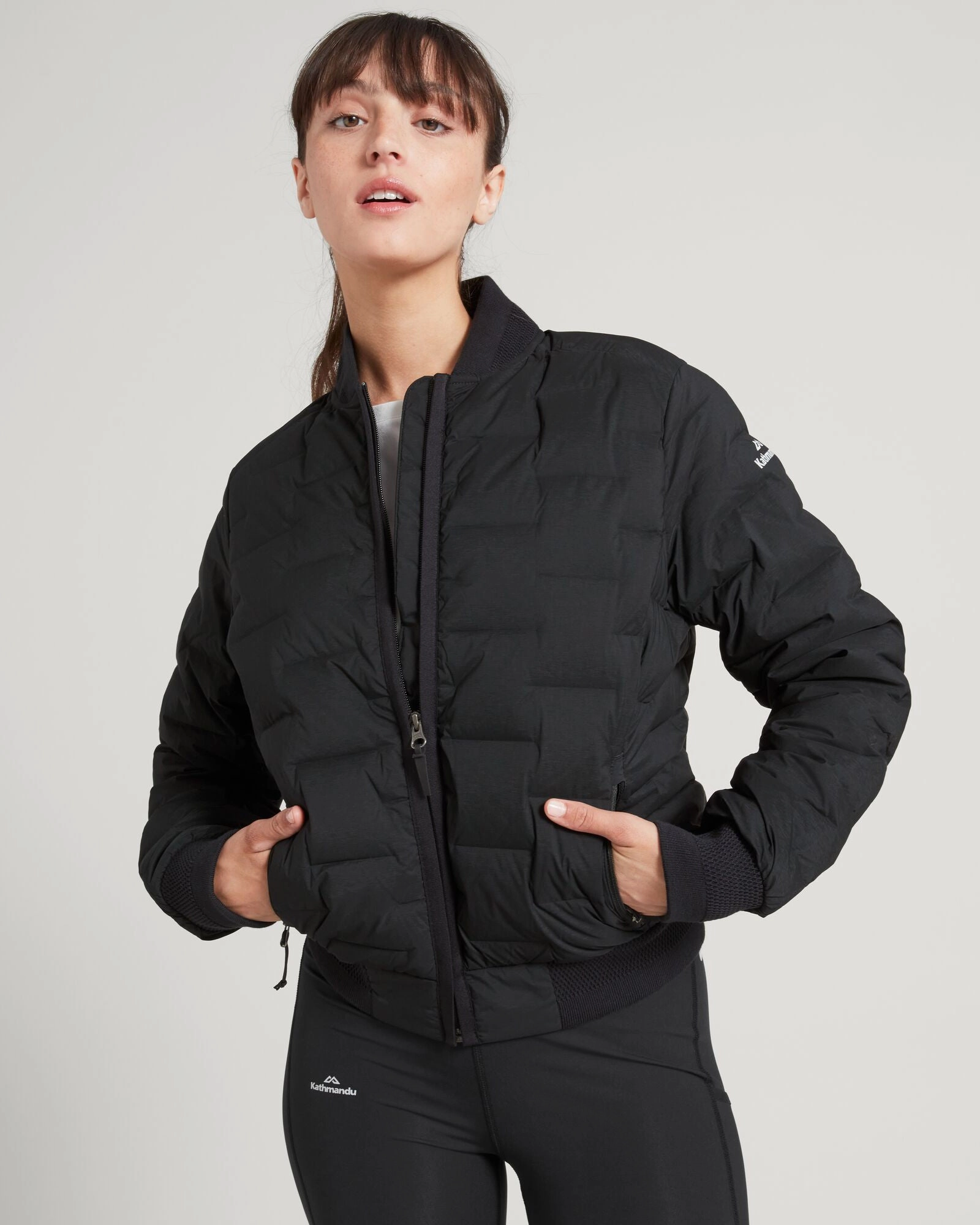 Non Irritating Seams Double Layered Collar Women's Federate Stretch Down Bomber Jacket - Black