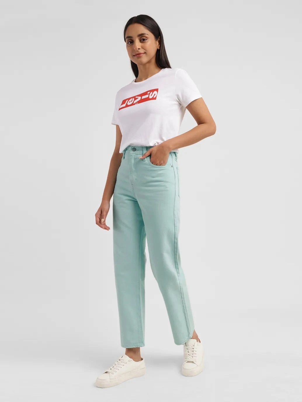 Women's Green Ribcage Straight Ankle Fit High Rise Jeans Minimalist Design