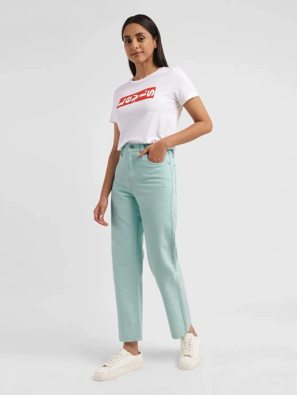 Women's Green Ribcage Straight Ankle Fit High Rise Jeans Go-to Comfort Comfortable Design