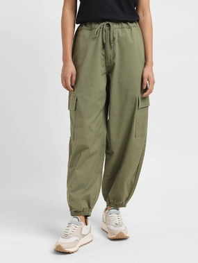 Street Active DoubleLayeredKnees Women's High Rise Green Loose Tapered Fit Trousers