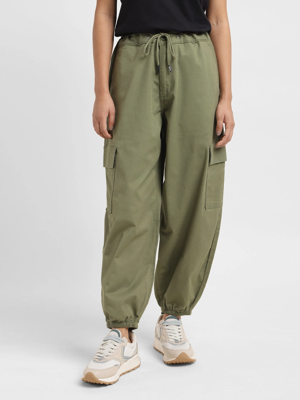 Women's High Rise Green Loose Tapered Fit Trousers Full Flex