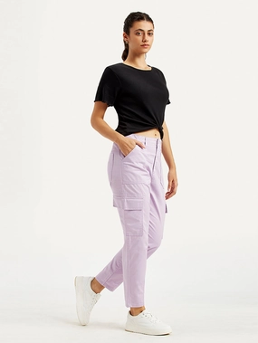 Women's High Rise Lilac Cargo Trousers Workout-ready Water Resistant Finish