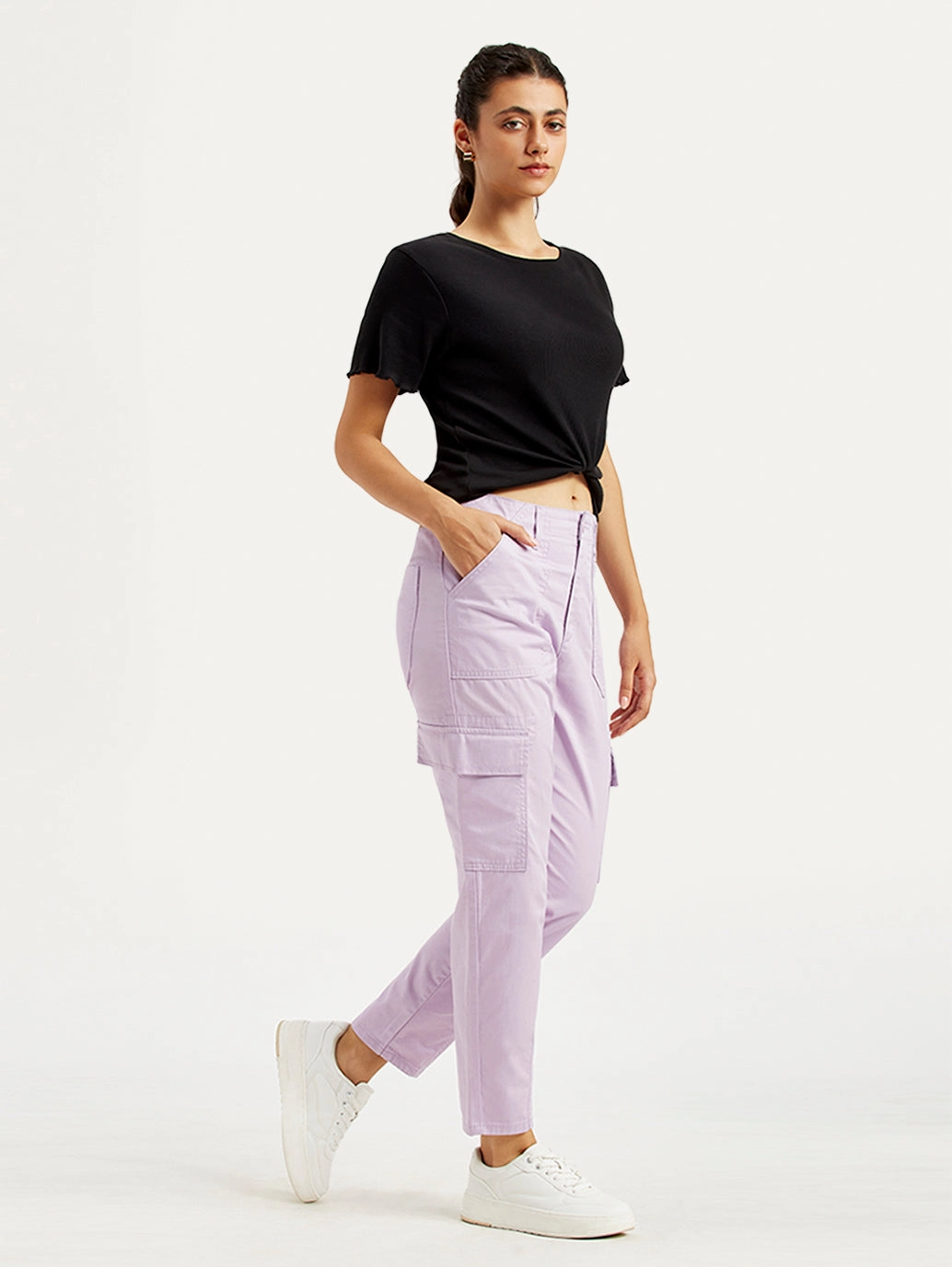 Women's High Rise Lilac Cargo Trousers Workout-ready Water Resistant Finish
