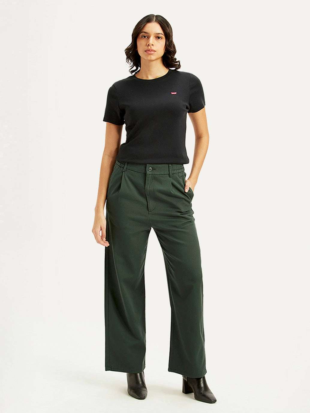 Rubberized Hem Weekend Adventure Women's High Rise Olive Loose Fit Trousers