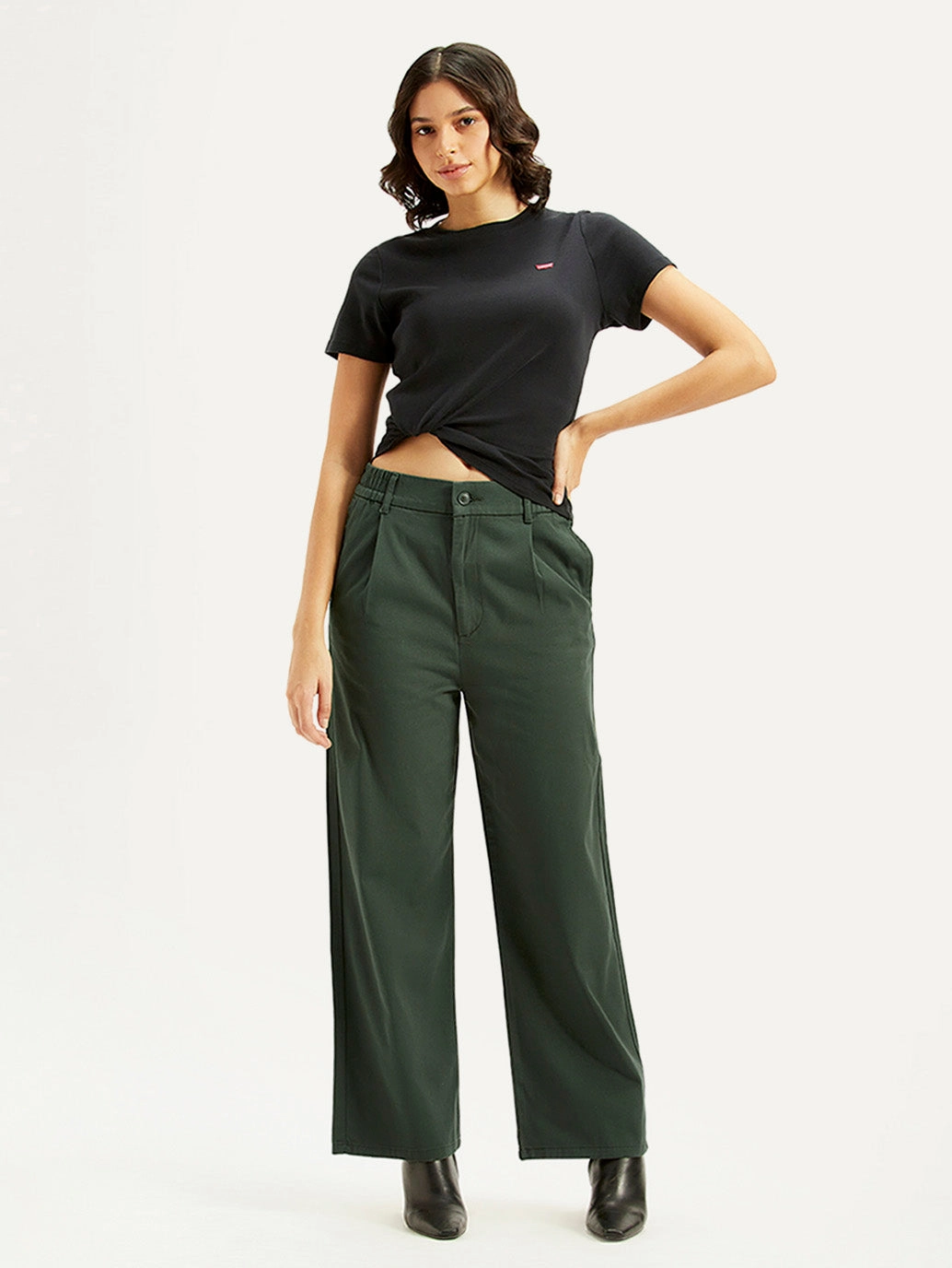 Women's High Rise Olive Loose Fit Trousers PermeableCloth Durable Hemming