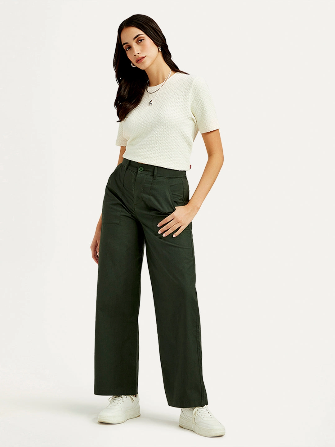 Women's High Rise Olive?Straight Fit Trousers Smart Layering