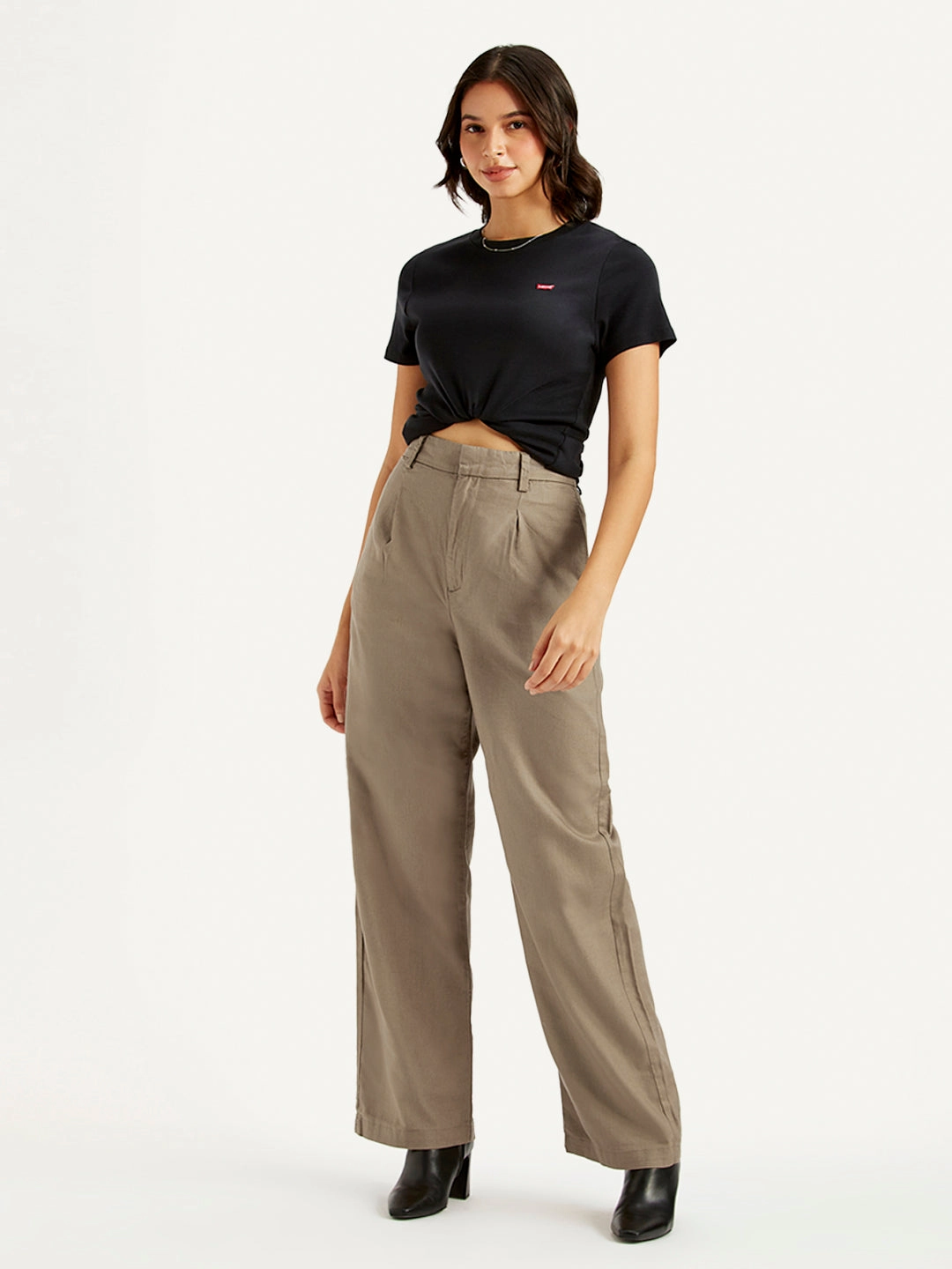 Fashionable Fit Basic Look Women's High Rise Taupe Loose Fit Trousers
