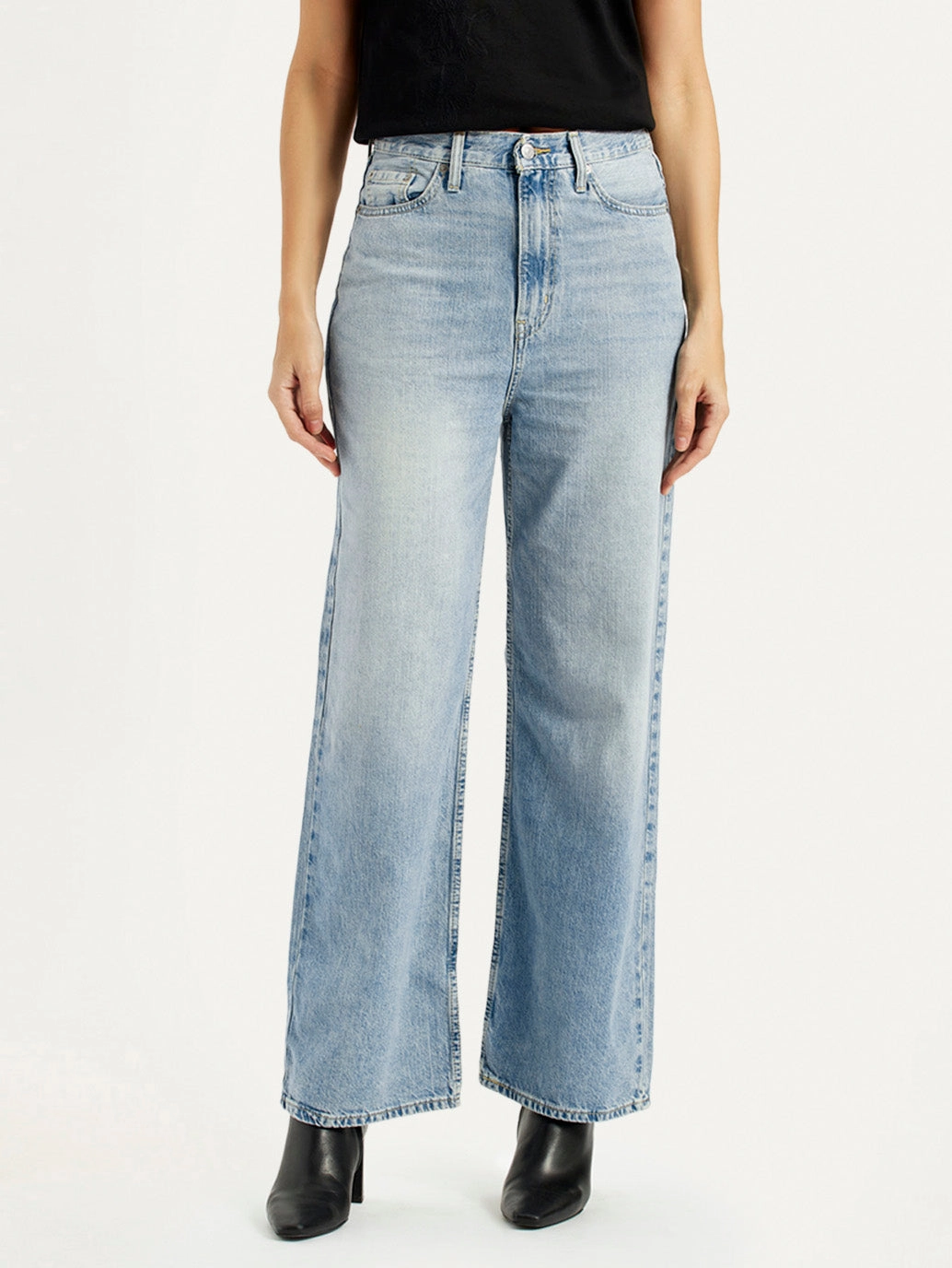 Women's High Rise Wide Leg Fit Light Blue Jeans Smart Casual Neutral Picnic Style Modern