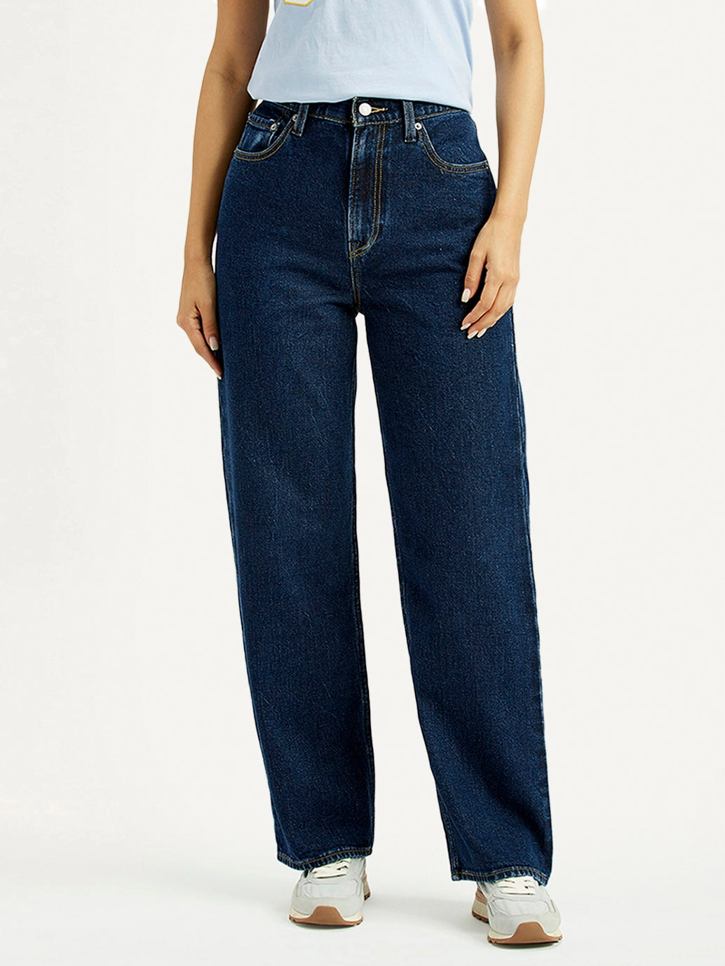 Women's Indigo Ribcage Straight Fit High Rise Jeans Office Wear Casual