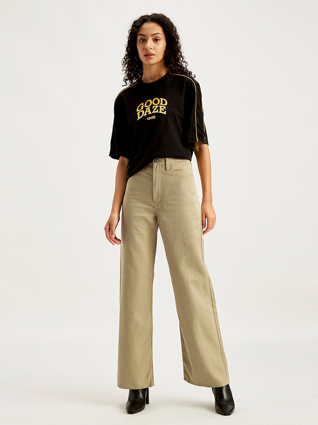 Women's Khaki Ribcage Bell Bottom Wide Leg Fit High Rise Jeans Everyday Wear Winter Warmth Professional Wear